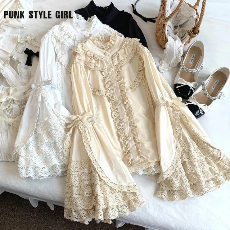 

Lace Ruffles Bow Women Vintage Lolita Shirts Victorian Gothic Sweet Flare Sleeve Girls Harajuku Kawaii Blouses Y2k Blusas Tops