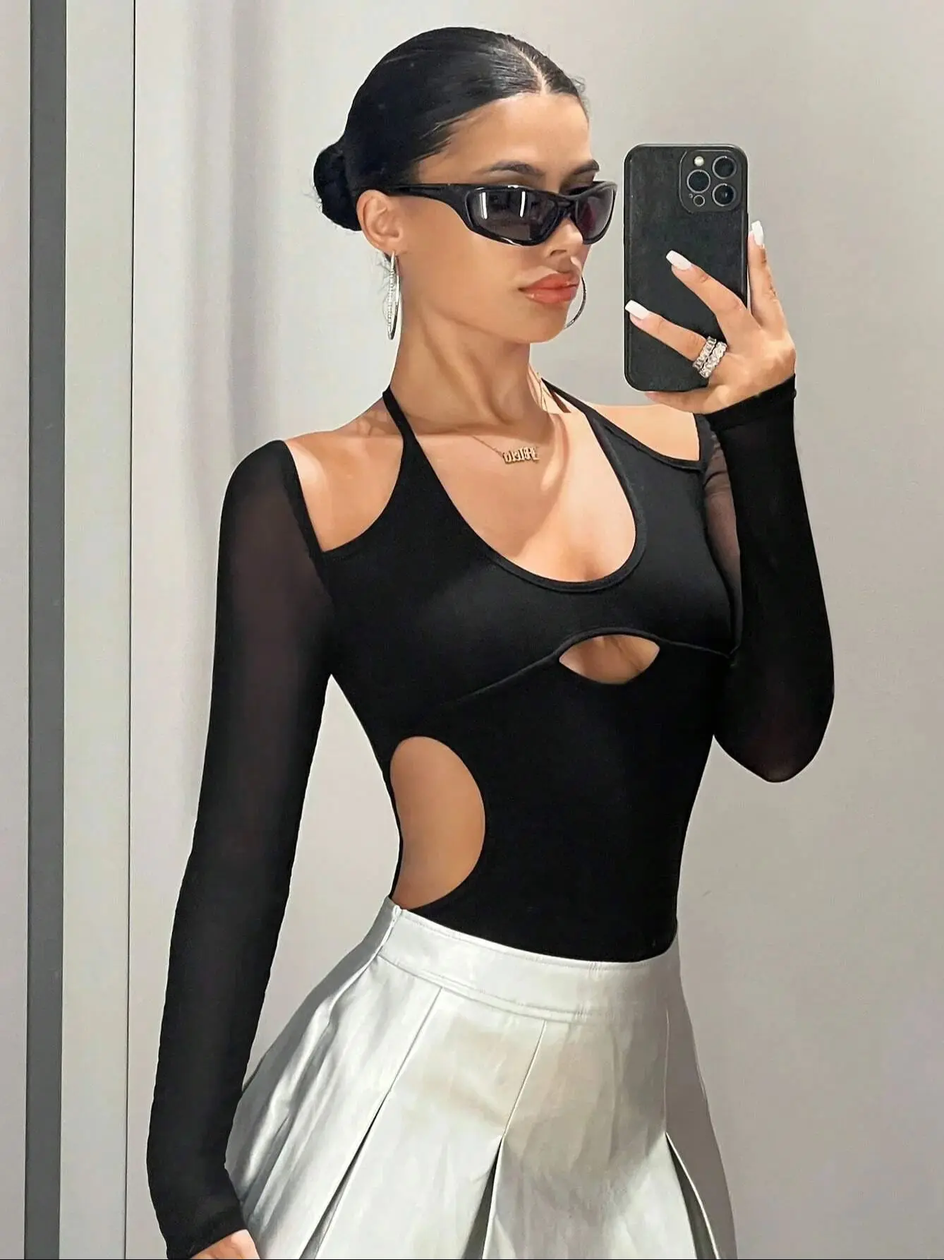 Sexy Hollow Out Long Sleeve Mesh Women Bodysuit Neck-mounted Skinny Lady Streetwear Y2K Bodycon Tops