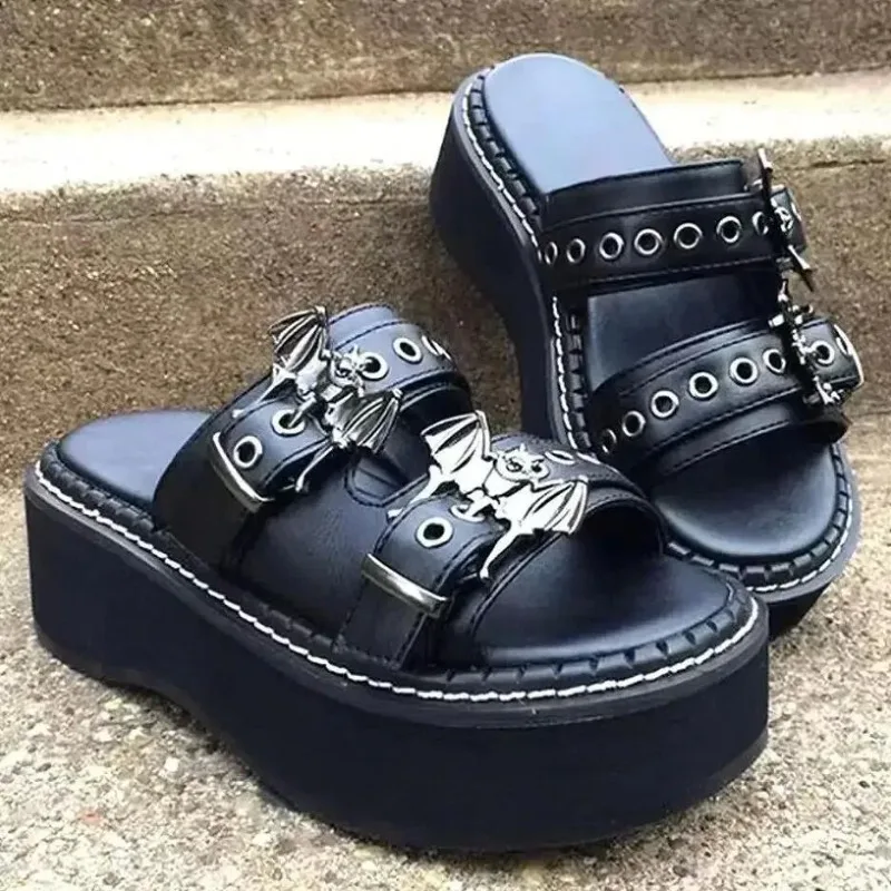 Designer Metal Decoration Women Slippers Summer Sandals Buckles Vampire Cosplay Platform Black Gothic Shoes for Women Slippers