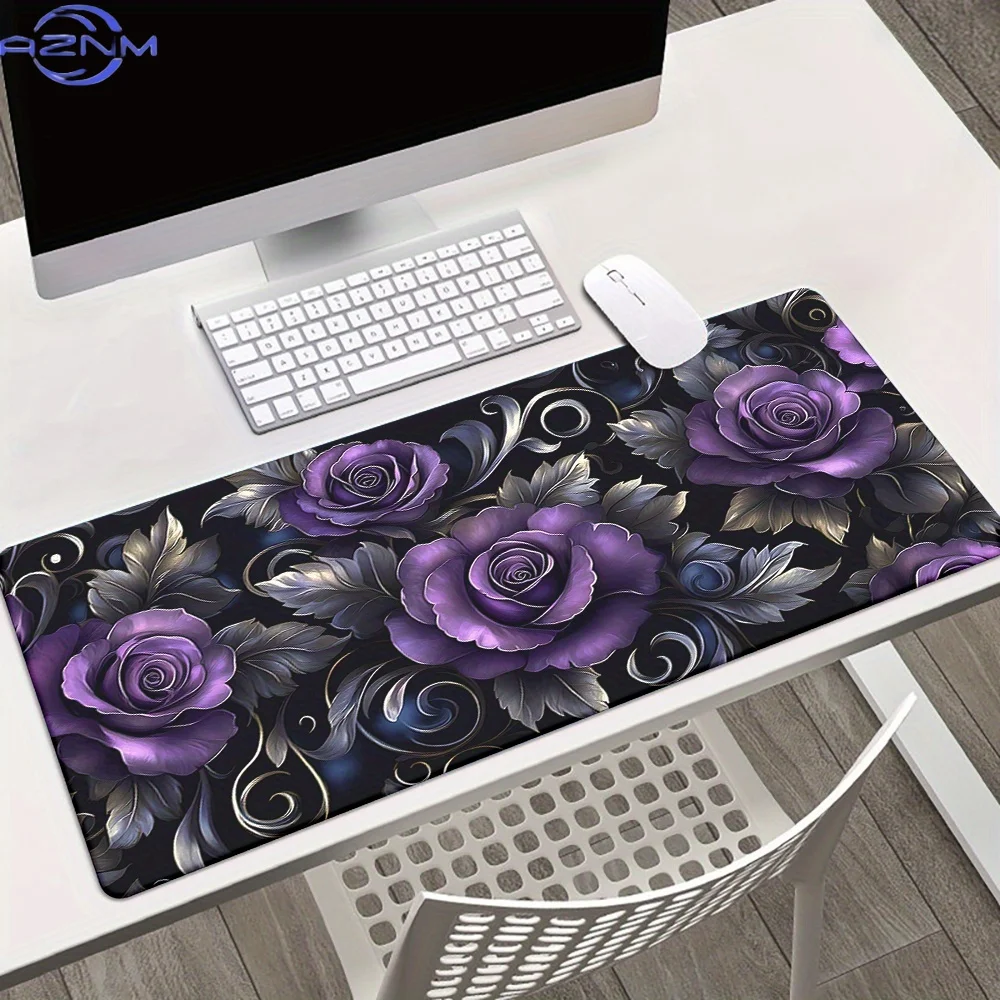 Elegant Purple Rose Desk Mat & Mouse Pad - Large Non-Slip Base, Floral Design with Golden Accents, Perfect for Gaming or Workspa
