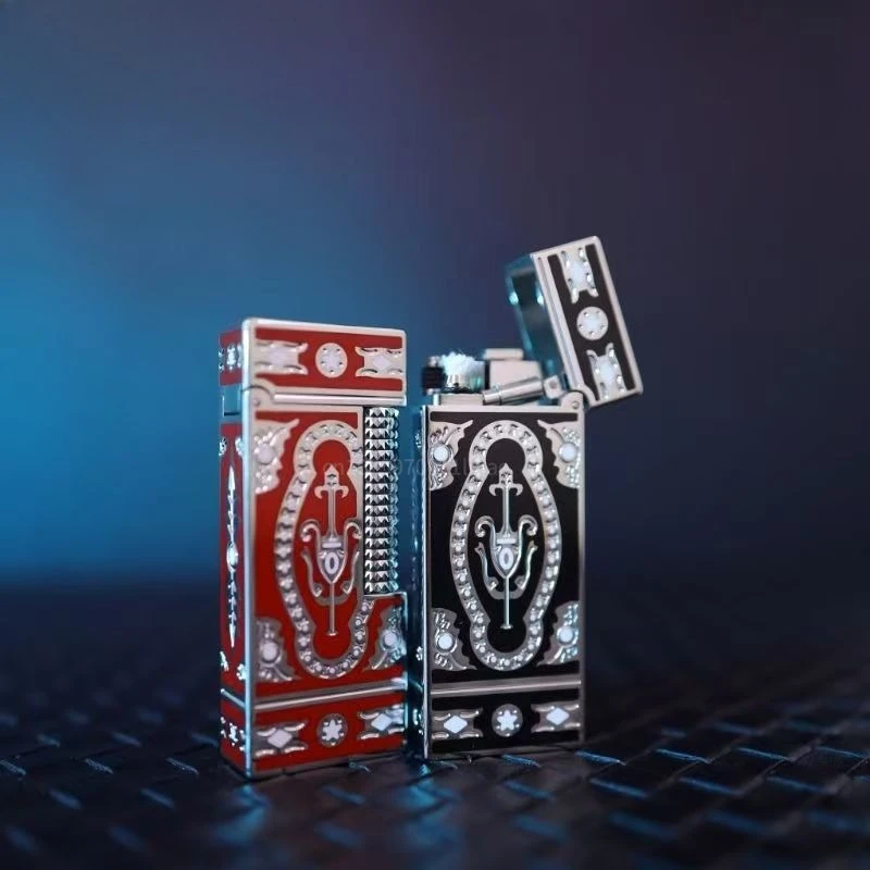 

New Memorial Metal Drawing Vertical Stripes Luxury Tobacco Lighters Ping Sound Natural Lacquer Cigarette Smoking Butane Lighters