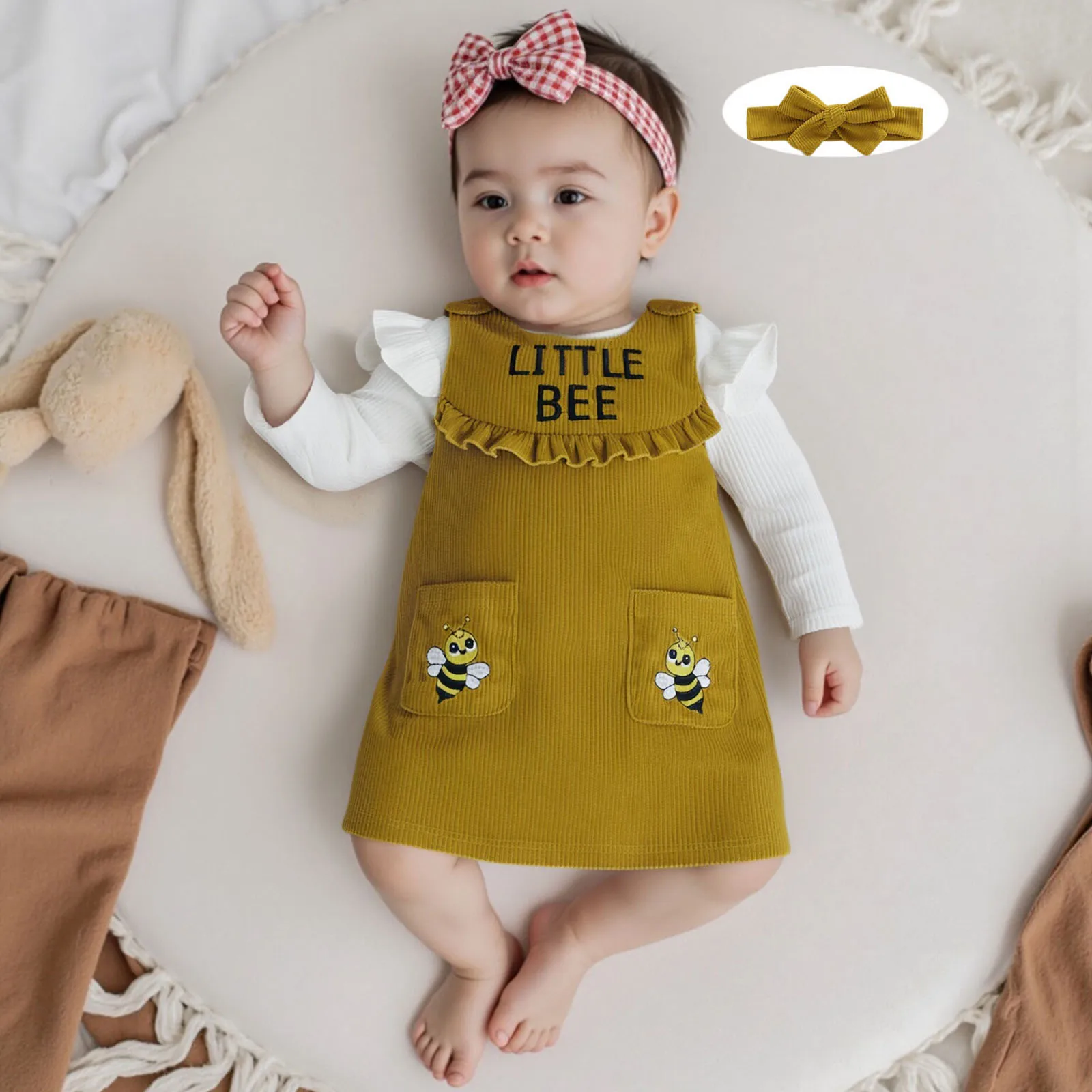 

Милая осенне-весенняя одежда для маленьких девочек, комбинезон в рубчик с длинными рукавами, платье с вышивкой в виде пчелы, повязка на голову, комплект из 3 предметов