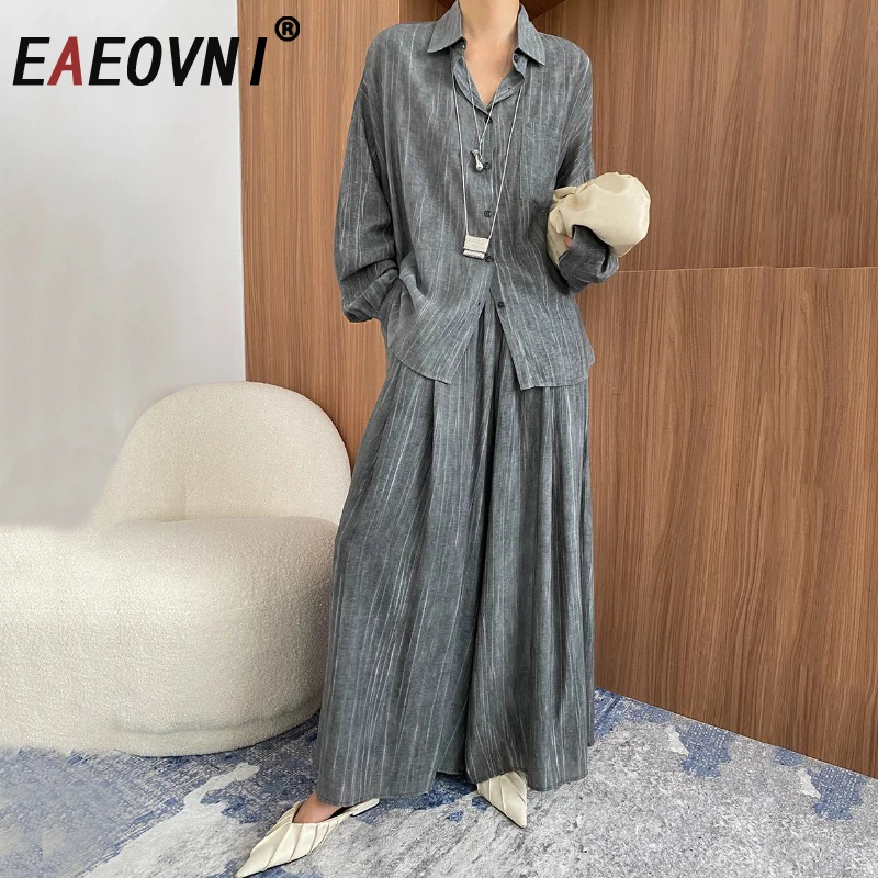 

EAEOVNI Casual Loose Women 2 Piece Set Long Sleeve Button Blouse + Wide Leg Trousers Fashion 2025 Versatile New Clothing 1A1162