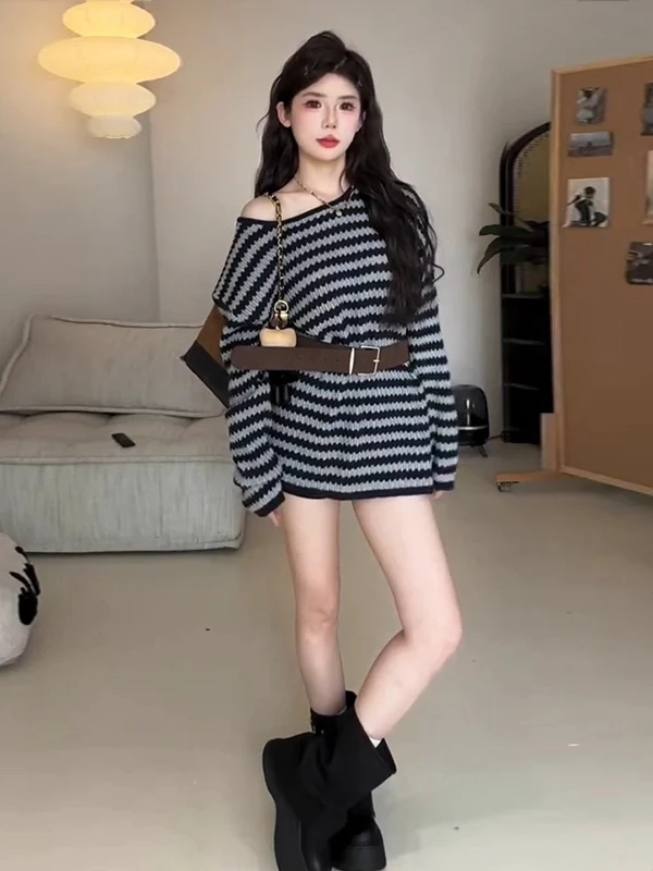 Suéter de Punto Retro de Manga Larga a Rayas con Hombros Descubiertos para Mujer, Estilo Hoado Informal con Cinturón, Noved...