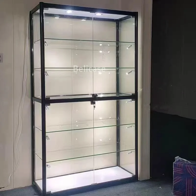 

custom.Full Wall Glass Display Cabinet Removable Glass Shelves Showcase with Led Lighting for Smoke Shop