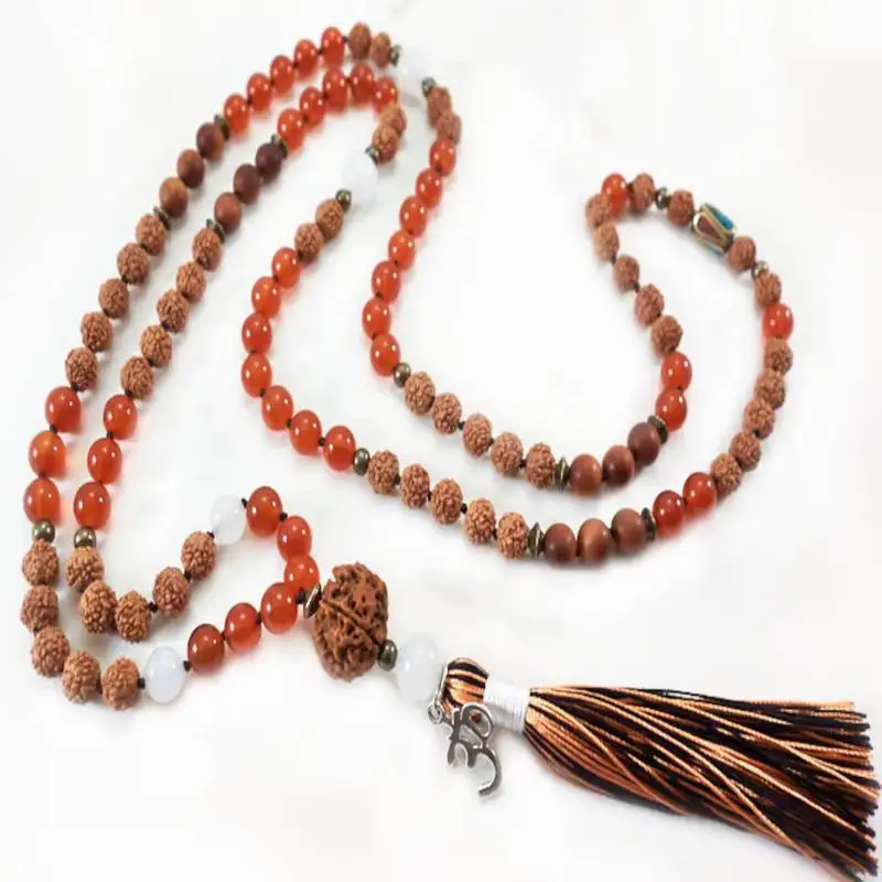 

Natural Red Agate & Rudraksha 108 Mala Beads Necklace Vitality & Protection Healing Crystal Jewelry