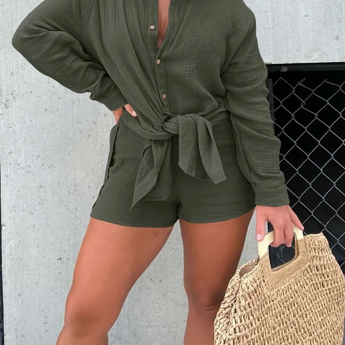 Fashion Cotton and Linen Shirt Jumpsuits for Women Elegant Women Turn Down Collar Long Sleeve Loose Jumpsuit Shorts Chic Street