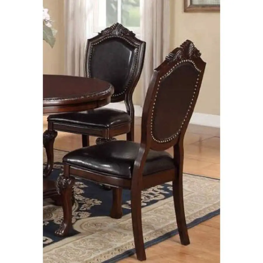 Royal Majestic Formal Set of 2 Side Chairs Brown Color Rubberwood Dining Room Furniture Intricate Design Faux Leather Upholster