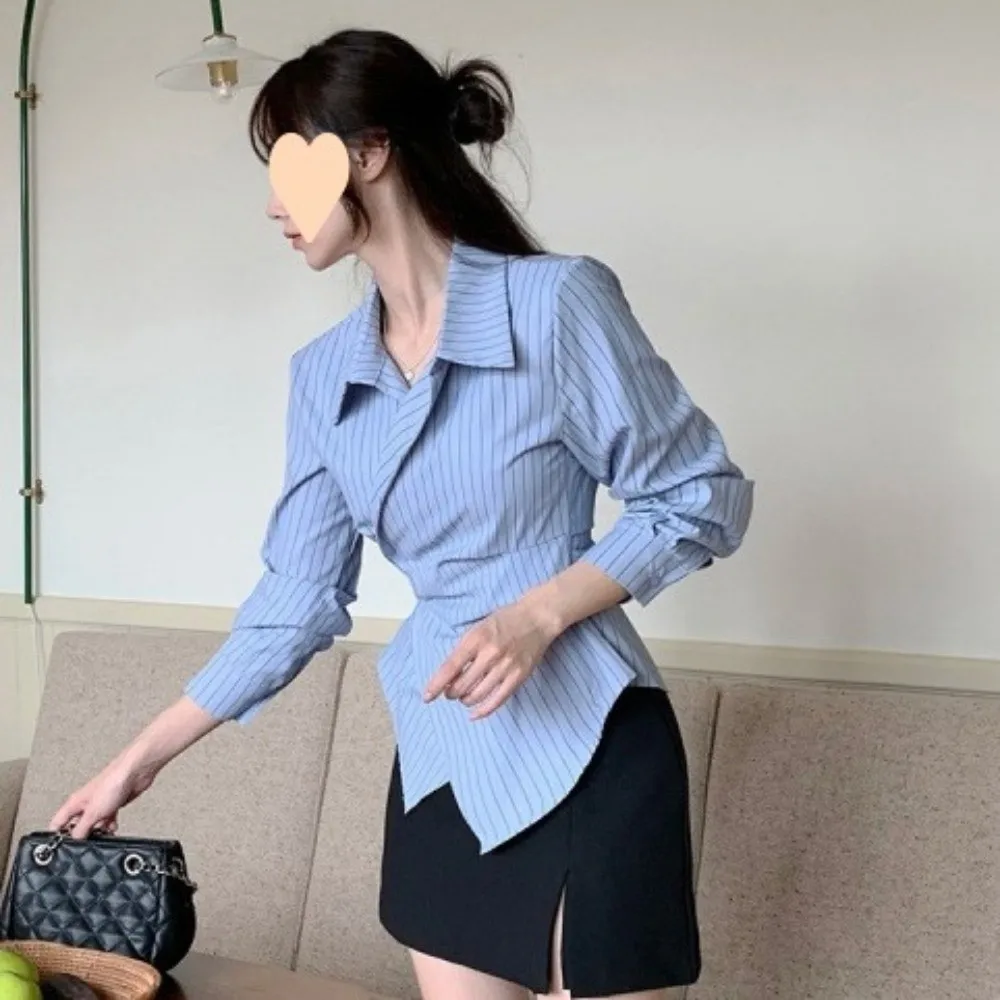 Short Women Blue Stripes Blouse Korean Style V-neck Long Sleeve Shirts Blue Stripes Slim Fit Slim Buttons Shirts Lady Business