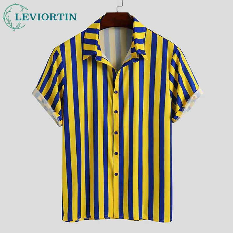 2025 Summer Stripe Printed Hawaiian Set Men's Collar Versatile Button Short Sleeve Shirt Beach Set Shorts Two Piece Set LR-123T