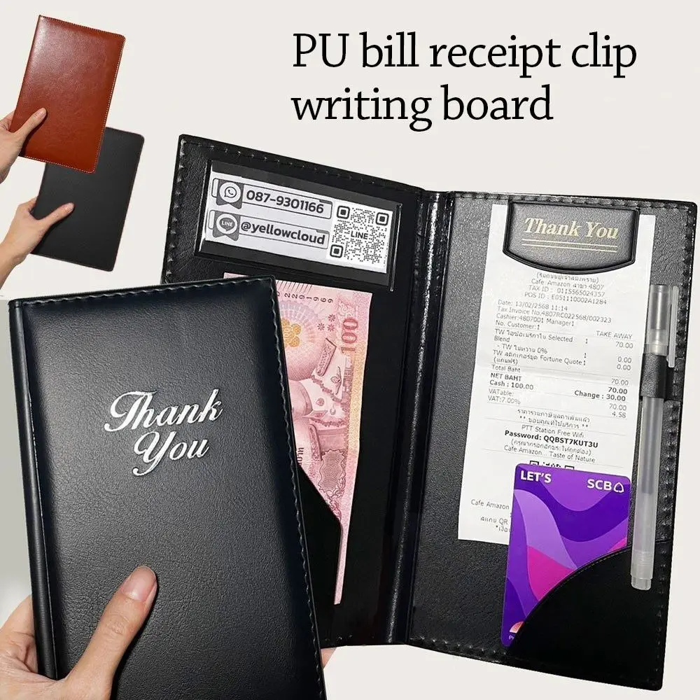 

Portable PU Leather Cash Receipt Folder Waterproof Thank You Printed Bill Book With Pen Insert Storage Slot Bill Folder Hotel
