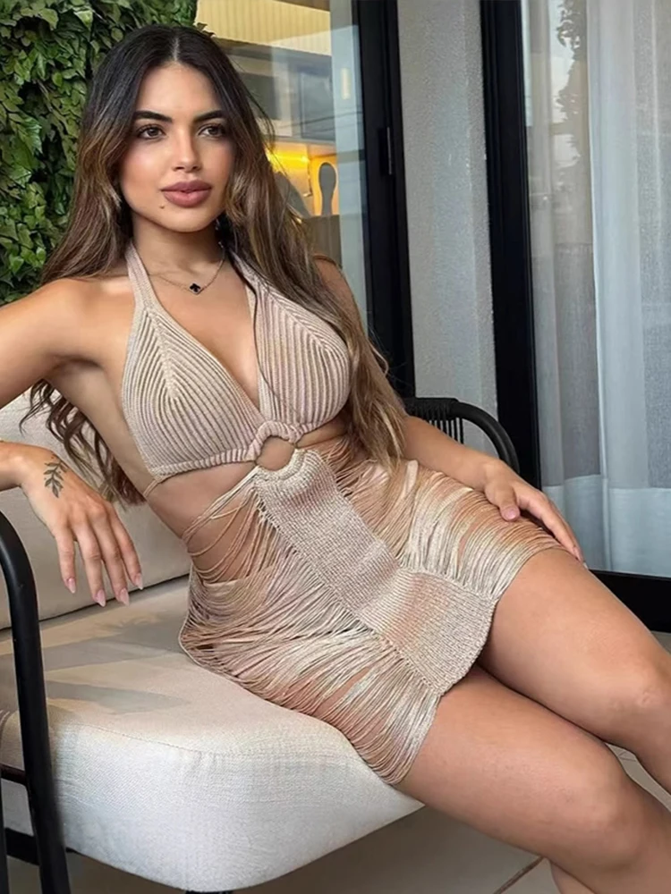 Tassel Mini Halter Dress Women Sexy Backless Sleeveless Lace Up Bodycon Dresses Female 2025 Summer Party Beach Ladies Slim Robes