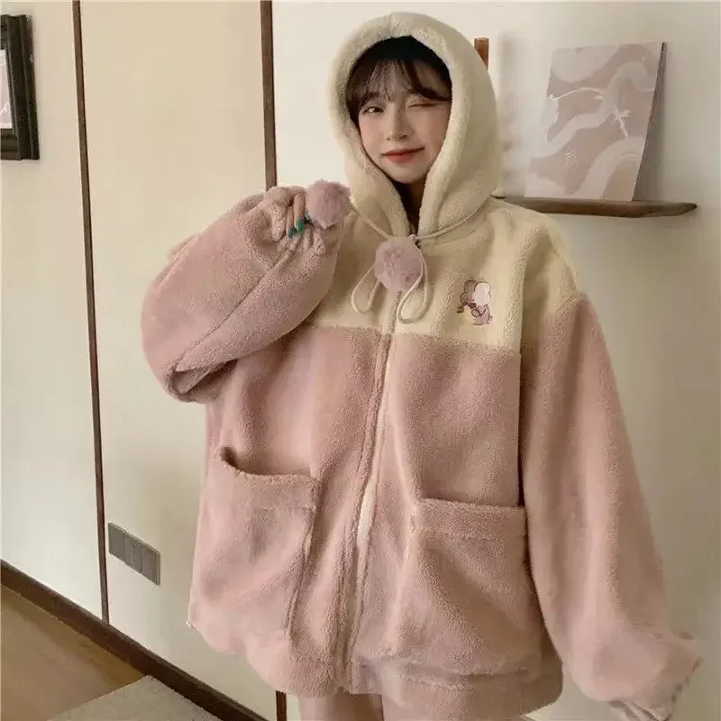 

Hooded Zipper Women Thick Lamb Wool Coat Fashion Casual Student Cute Embroidery Clothes Korean Version Women's Winter Jacket