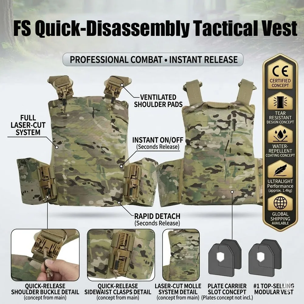 

FS Quick Release Tactical Vest,Tear Resistant and Waterproof Combat Body Armor Airsoft Paintball,Adjustable Ultralight Training