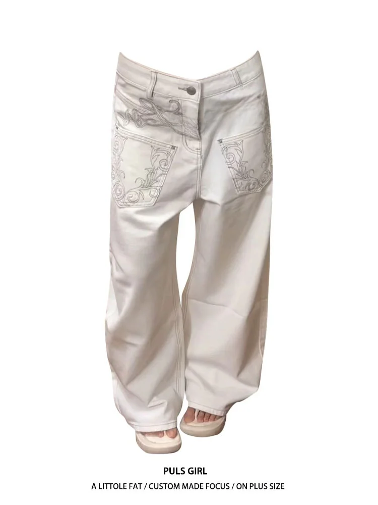 

Large Size American Retro Washed Floral Embroidery Jeans Women's Loose Wide Leg Long Pants Casual High Waist Other Fabric