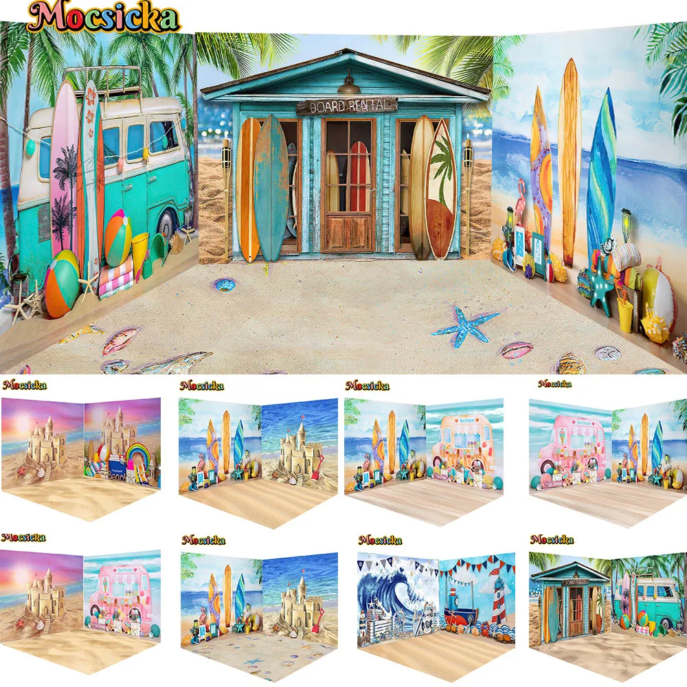 

Mocsicka Surfing Boy Cake Smash Backdrop Studio Combination Prop Ice Cream Girl Birthday Photo Background Sea Beach Sand Decor