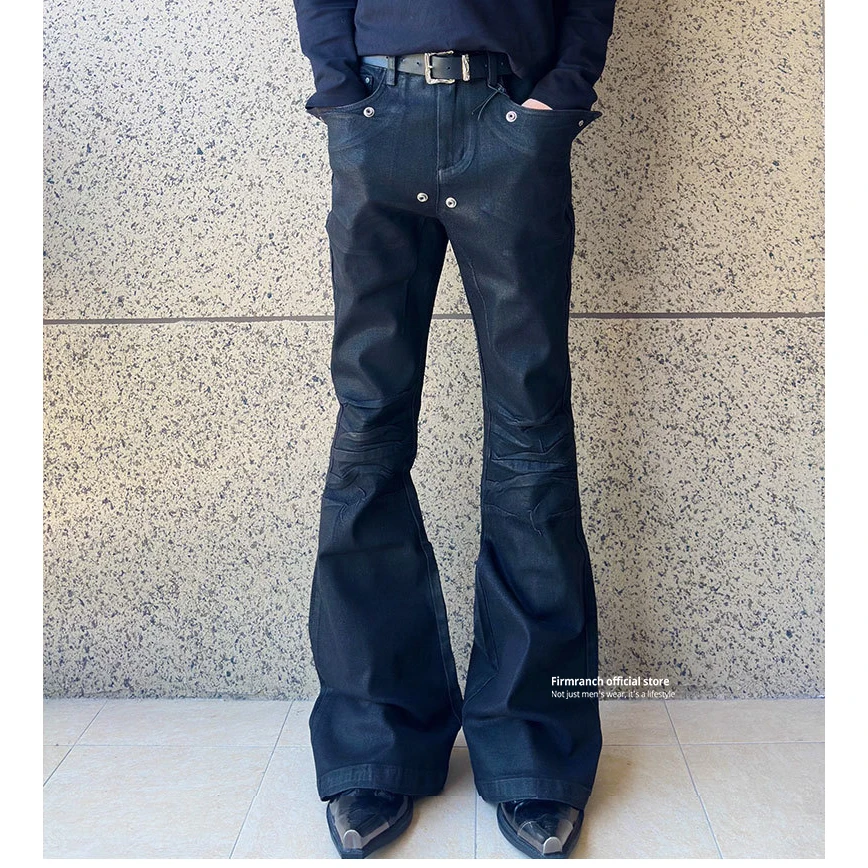 Firmranch Black Oil Wax Coated Motorcycle Armor Pleated Pants High Street Jeans Deconstructed Patchw Straight Stacked Trousers