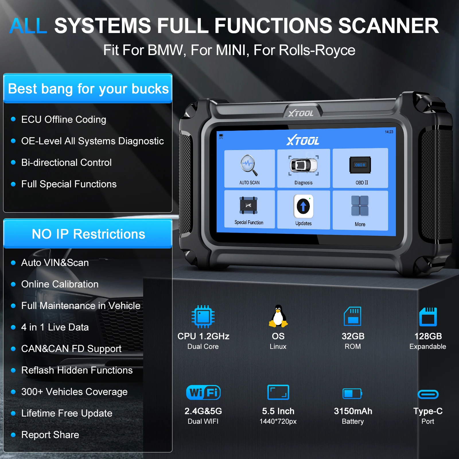 XTOOL IP500 لسيارة BMW Obd2 أداة مسح ثنائية الاتجاه مع ترميز وحدة التحكم الإلكترونية 23+ إعادة تعيين خدمات حاقن الترميز تحديث مجاني مدى الحياة