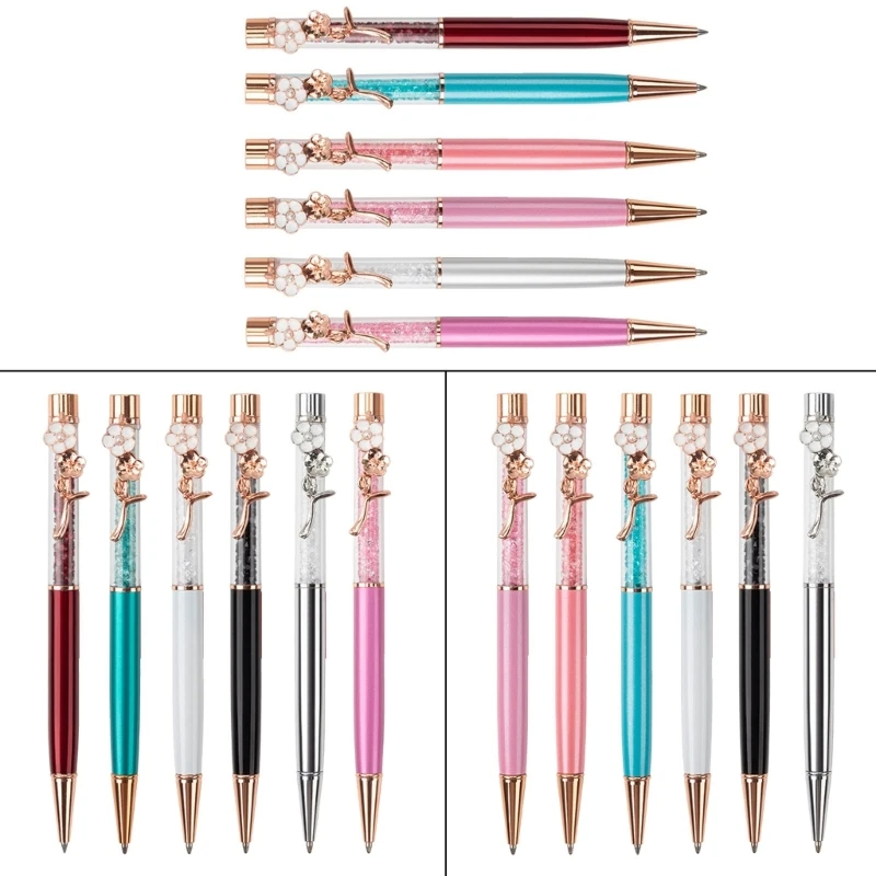 6Pcs Crystal Ballpoint Pen with Flower Pen Clip Crystal Signing Pen Twist Action 1.0MM Tip Write Smoohtly for Women Girl