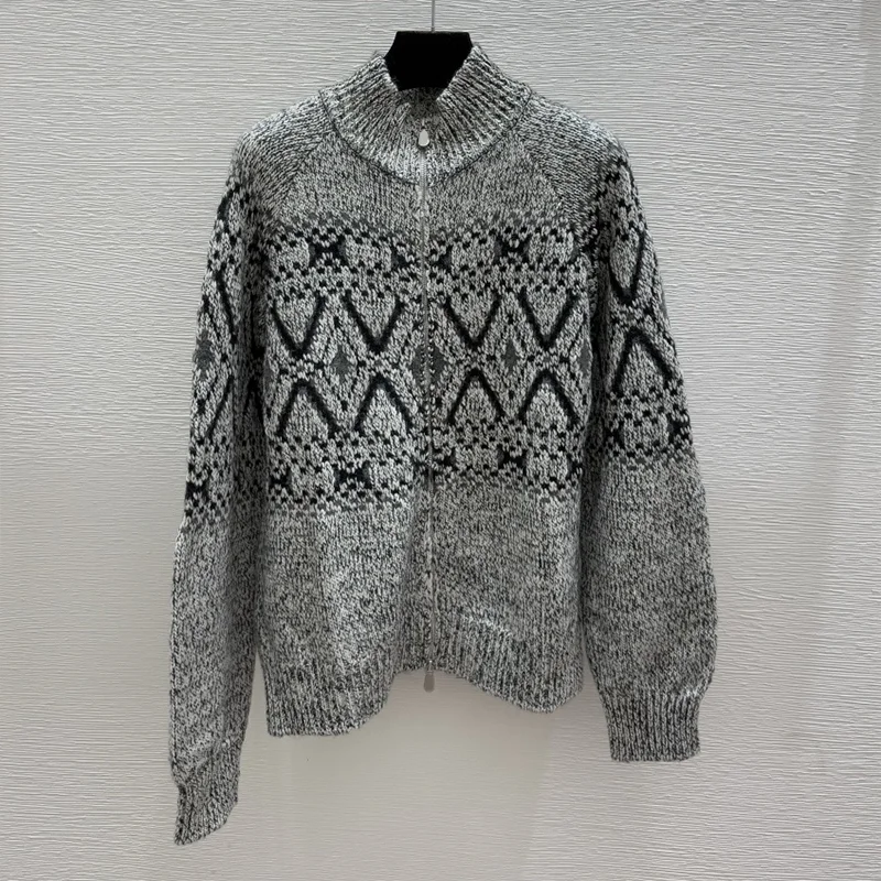 

High-quality Italian elegant women's retro geometric jacquard double-zipper cardigan sweater 251028104