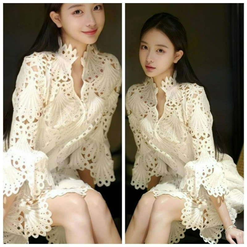 Summer Exquisite  Hollow Out French Temperament Commuting Super Good-looking White Lace Hollow Lace Dress High Appearance Level