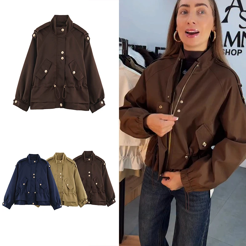 Guobioziy 2026 Fashion Women High Collar Utility Jacket Snap Front Pockets Drawstring Waist Loose Urban Daily Chic Outer Coat
