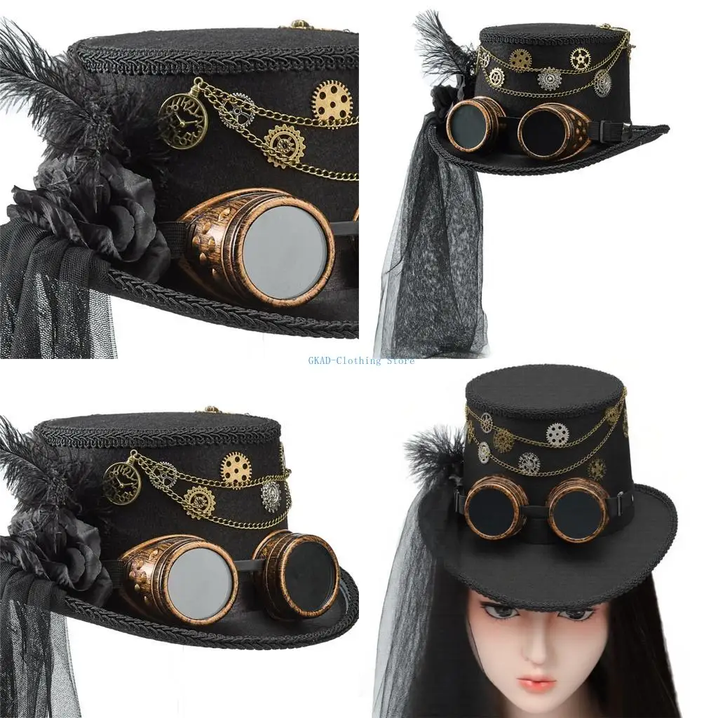 

N0PE Steampunk Hat Costume Headpiece Feathered Veil Tall Hat for Stage Performances