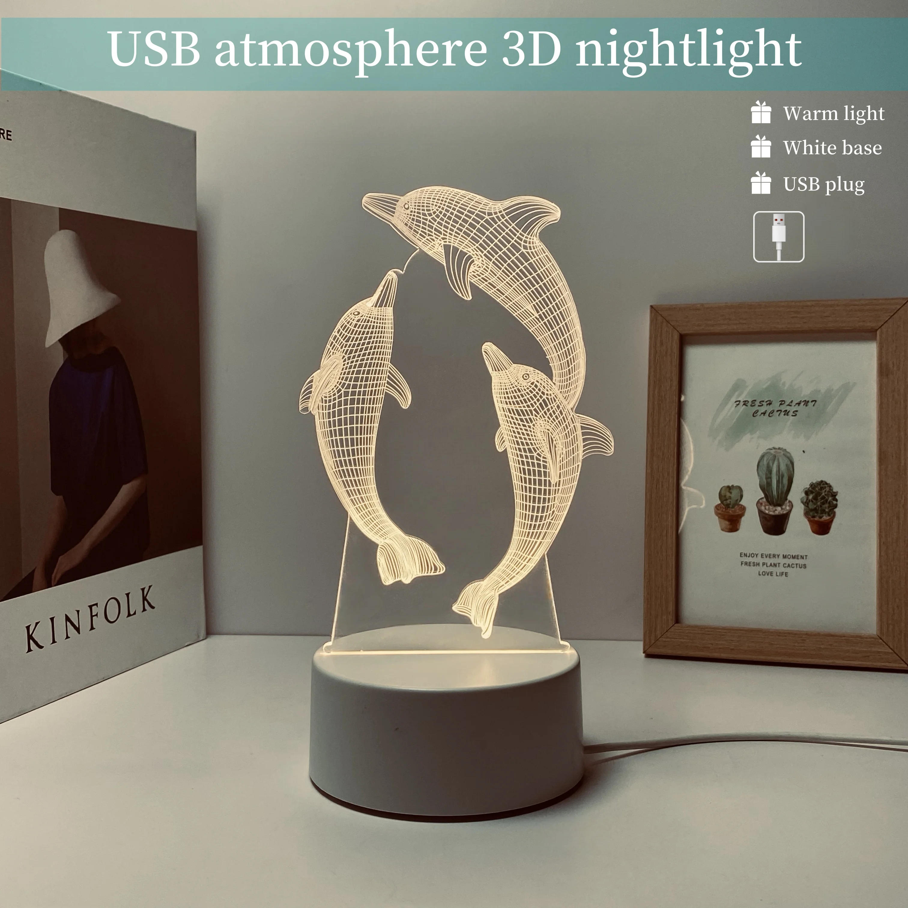 1PC dolphin pattern 3D nightlight, USB interface, atmosphere decorative light, holiday gift nightlight for friends.