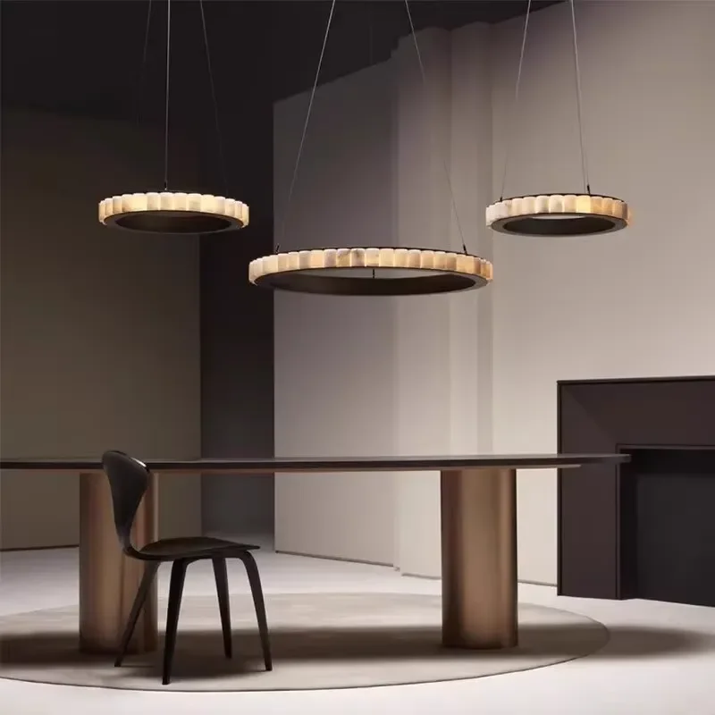 for APCITL Luxury Villa Living Room Steel Stone Modern Dimmable 3000K Warm White LED Ring Ceiling Chandelier Lighting