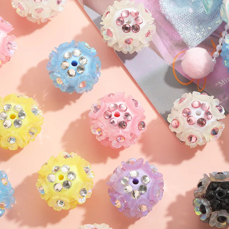 15pcs/lot 20mm Round Floral Rhinesones Resin Jewelry Gumball Beads Fit Kawaii DIY Pen Ornament Accessories Bracelet Necklace