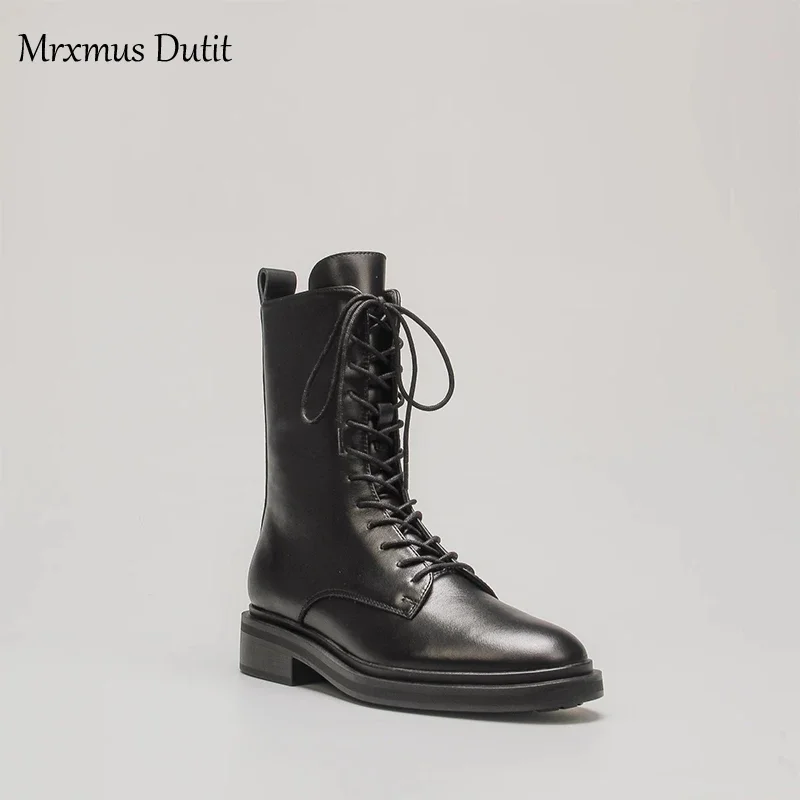 Mrxmus Dutit 2024 Autumn Winter Fashion New Women Genuine Leather Lacing Flat Short Boots Round Head Simple Casual Short Female