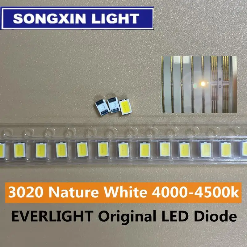 100PCS/LOT FOR EVERLIGHT 3020 white 3020 SMD LED bright white light-emitting diodes 4000-4500k 6-7lm 3020 Neutral white  0.06w