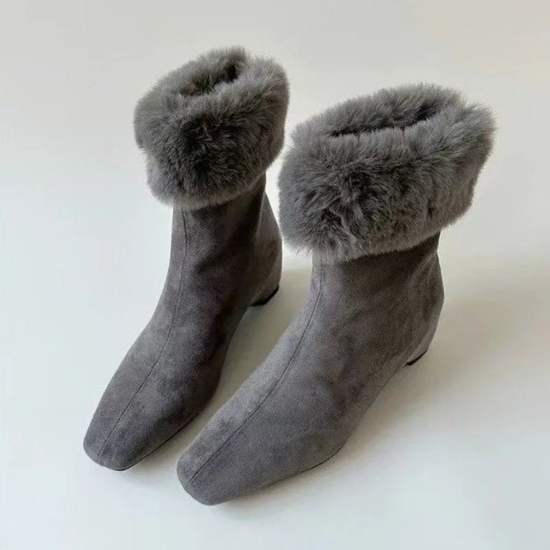 Women Suede Sheepskin Wedge Ankle Boots 2.5CM Real Rabbit Fur Two‑Way Wear Winter Warm Short Boots Black Brown Footwear