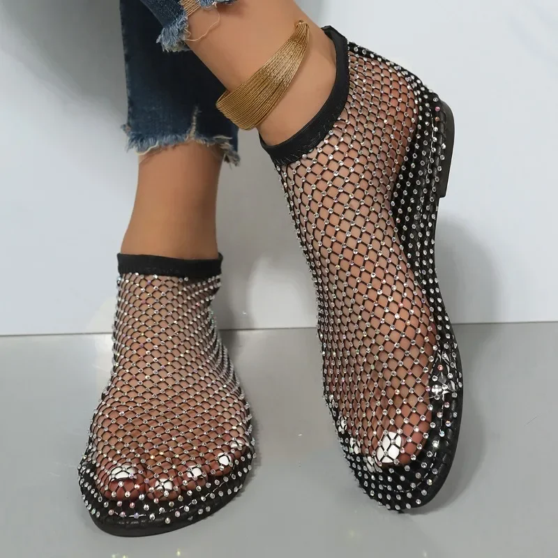 Fashion Women Flat Sandals Rhinestone Fishing Net Sandals Flat Bottom Footware Roman Flat Party Shoes Women Zapatos Para Mujeres