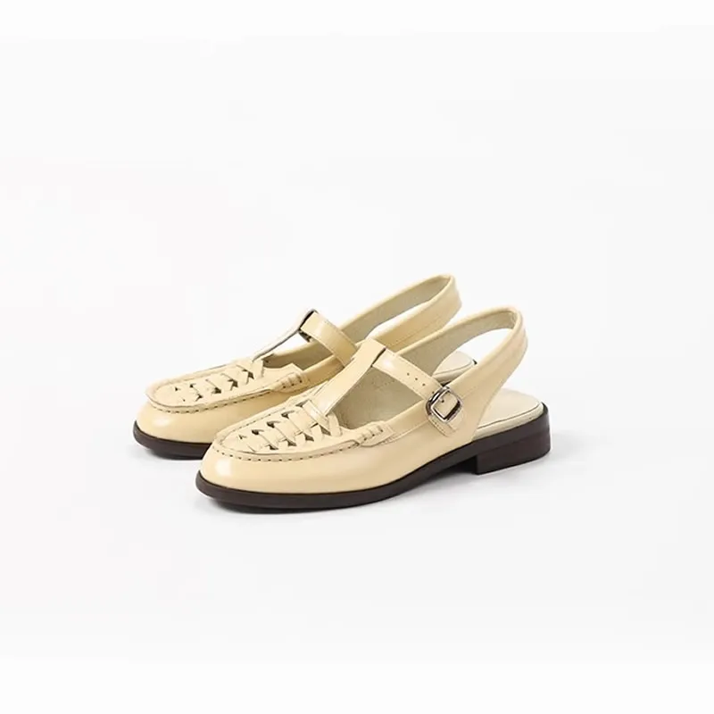 Ladies Slingback Retro Handmade Sandals Female Breathable Leather Low Heel Shoes Summer Versatile Solid Soft Sole Women Zapato