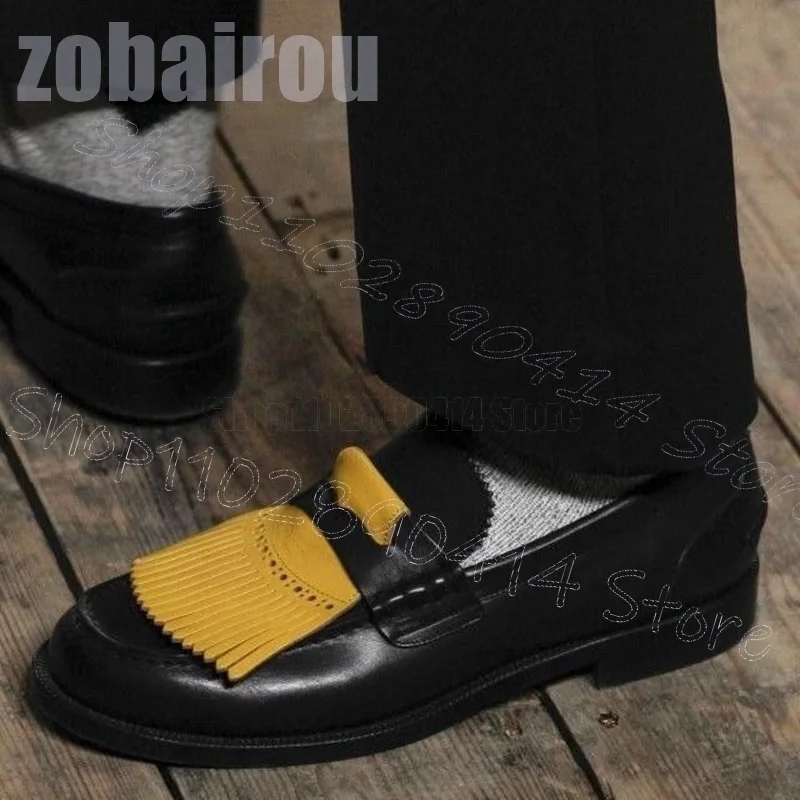 

Yellow Tassels Black Sewing Design Round Toe Loafers Fashion Slip On Men Shoes Luxurious Handmade Party Runway Men Casual Shoes