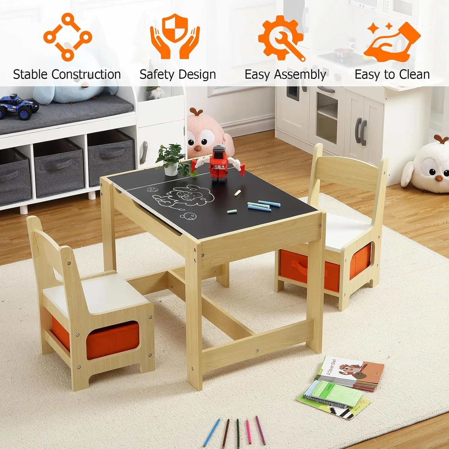 Conjunto de mesa e cadeira infantil, mesa de atividades infantis 3 em 1 com armazenamento, mesa removível, conjunto de móveis infantis de 3 peças para arte