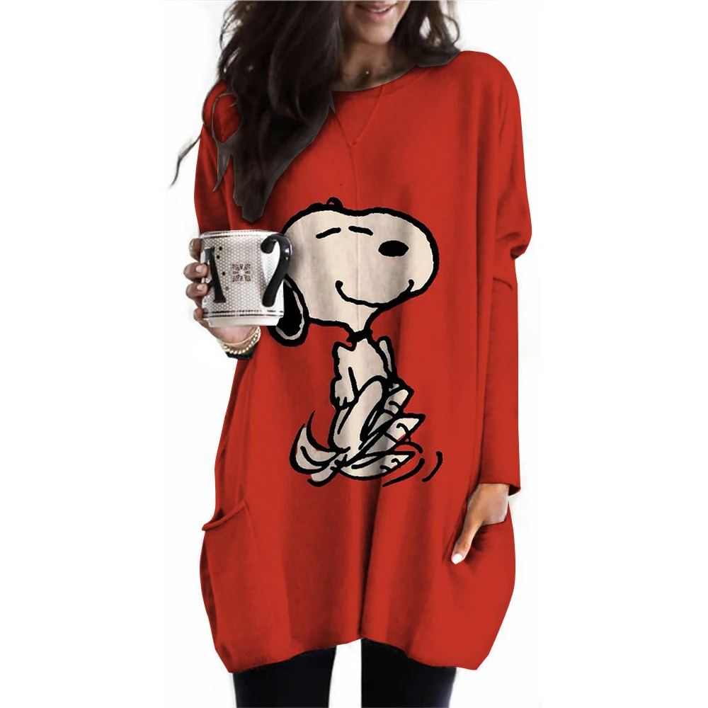 2024 New Women\'s Round Neck Long Sleeve Pocket T-shirt Snoopy Printed Casual Elegant Women\'s Long T Street Clothing