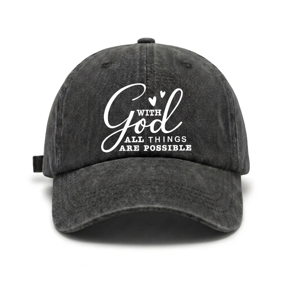 Vintage Washed With God All Things Are Possible Quote Baseball Cap, Adjustable Unisex Dad Hat, Christian Faith Gift