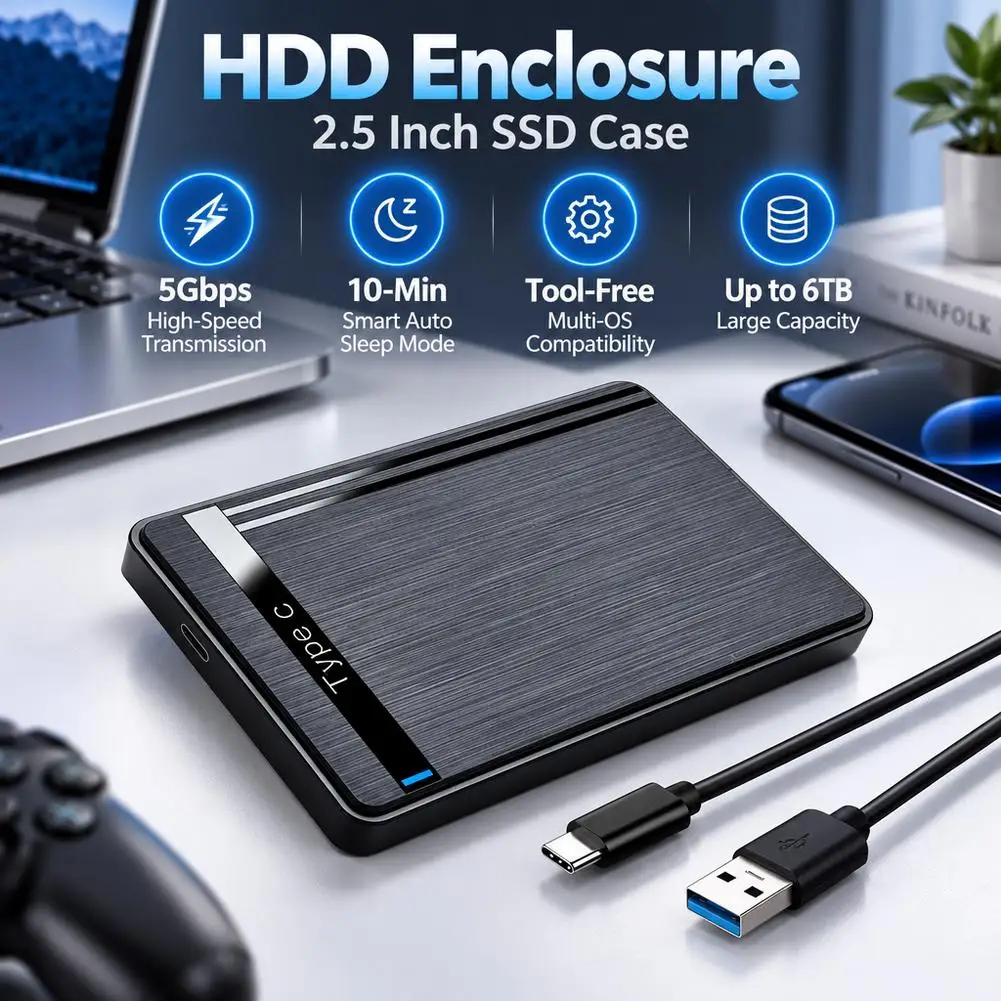 2.5 Inch SATA HDD SSD Enclosure USB3.0 Type C 5Gbps Hard Drive Disk Case Support Up to 6TB Auto Sleep External Hard Disk Box