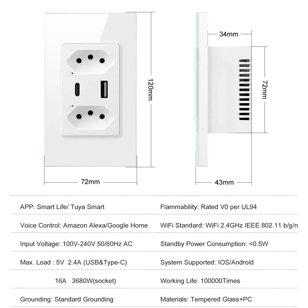 Tuya Brazil WiFi Wall Socket with Type-C USB Port,Smart Life APP Control Smart Plug,Work for Alexa Google Home