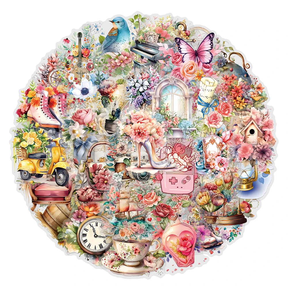 

10/30/57pcs Retro Cartoon Flower Stickers Aesthetic Art Graffiti Decals DIY Luggage Guitar Phone Transparent Sticker Decoration