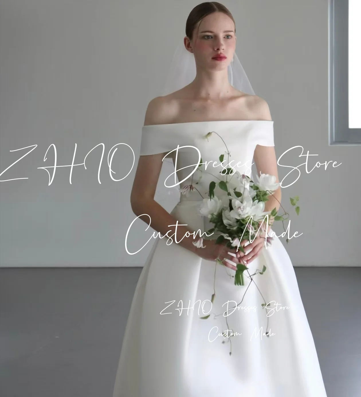 ZHIO Elegante abito da cerimonia nuziale in taffettà bianco con spalle scoperte A-Line Corea Servizio fotografico Abito da ricevimento nuziale personalizzato Garona