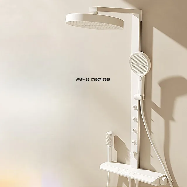 

Cream Wall-mounted Storage Rack square Shower Head Set Temperature Display Bathroom and Washroom Pressure Booster White Tap