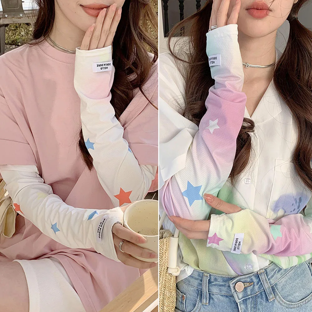 Gradient Color Cycling Arm Sleeves Women Fashion Sun Protection Cuffs Ice Silk Half Finger Gloves Star Printed Cooling Arm Cover