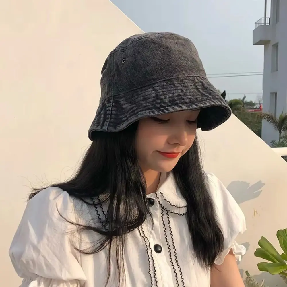 

Fashion Solid Color Bucket Hat Wide Edge Washed Denim Boonie Hat Thin Breathable Sun Hat Summer Season