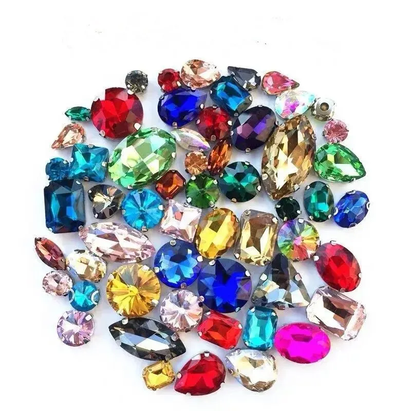 50pcs Strass Mix Size and Shapes Colors Fancy Crystal Glass Rhinestones With Silver and Glod Setting for Garment Craft Shoes