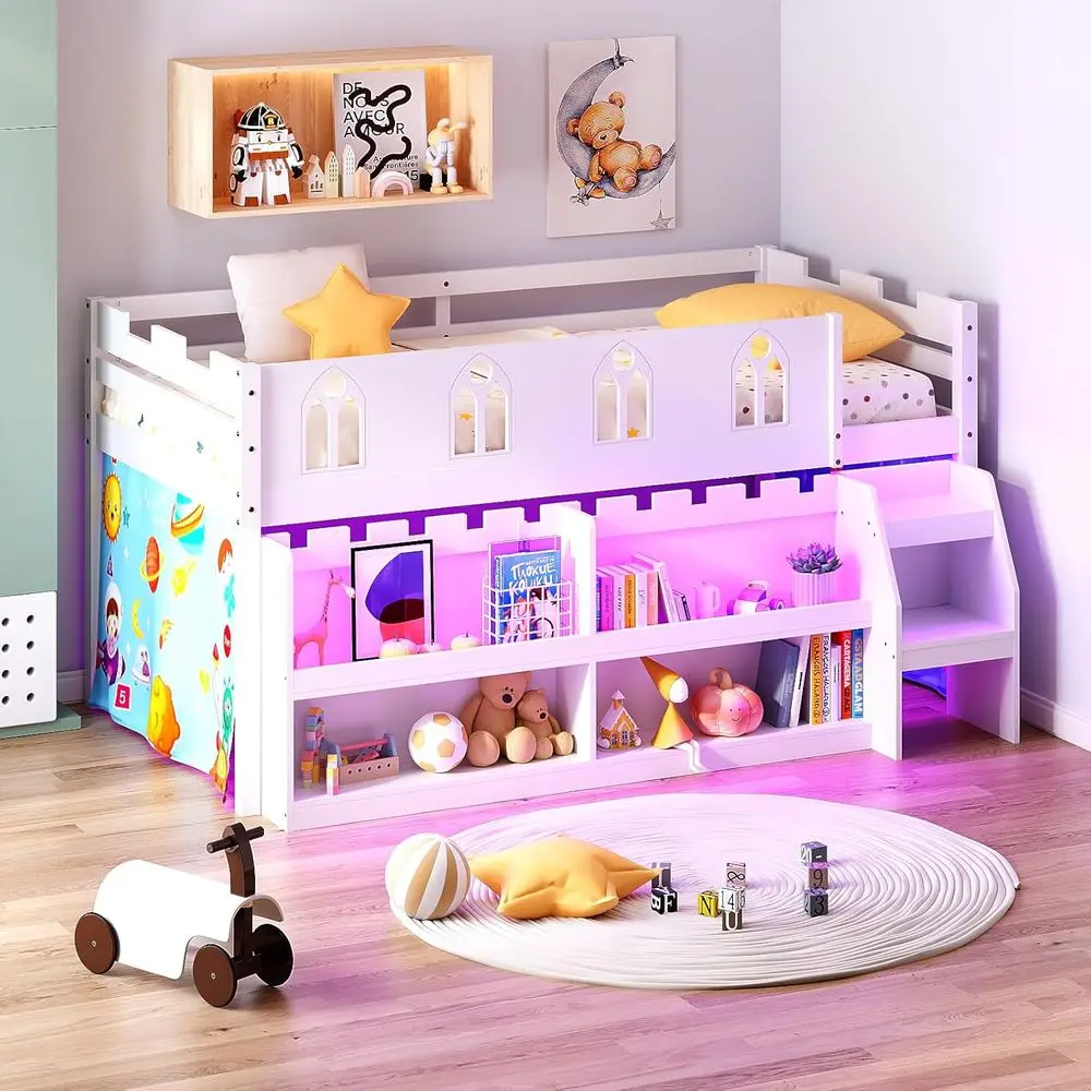 

White Wooden Kids Twin Loft Bed with Storage, LED Lights, Guardrails, and Curtains, Including Ladder and Playhouse