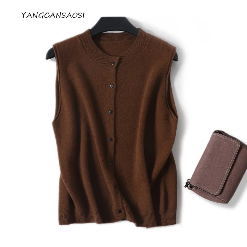 

2025 Women's Autumn/Winter Clothing Art Retro Style Solid Color Button Round Neck Knitted Sweater Tank Top Buckle Vest