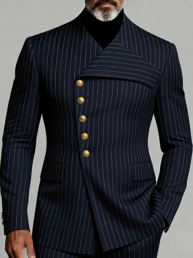 Men Asymmetric Lapel Pinstripe Suit Blazer Single Breasted Slim Fit Formal Wedding Fashion Jacket Male Outerwear